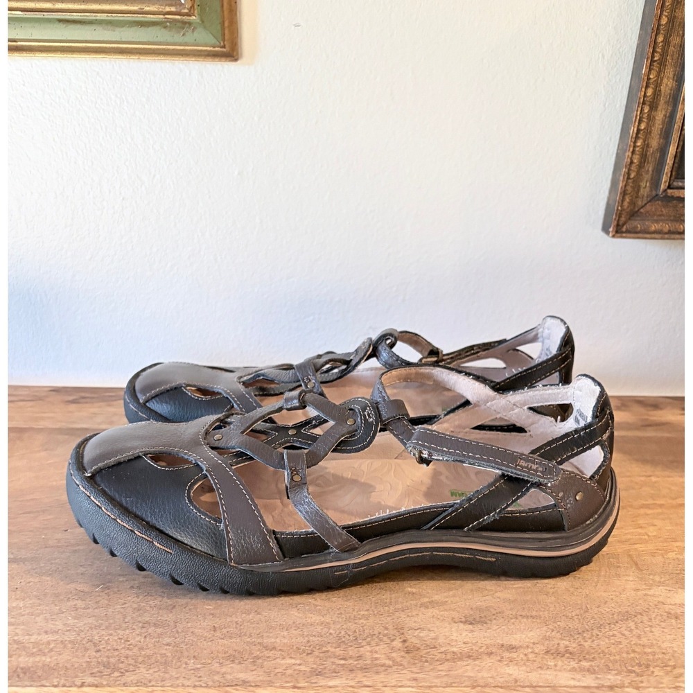 Jambu 8M Black Brown Leather Caged Fisherman Sandals‎ Memory Foam Flats